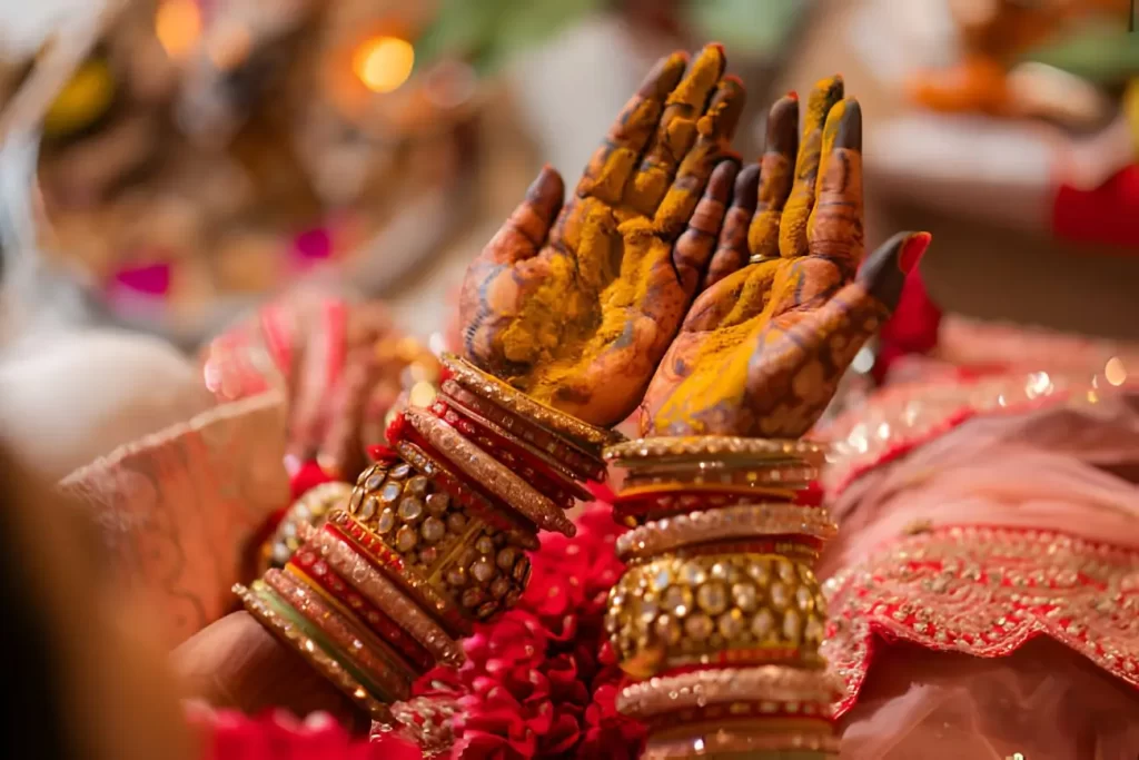 Indian wedding ritual closeup detail photo bride hand haldi ceremony