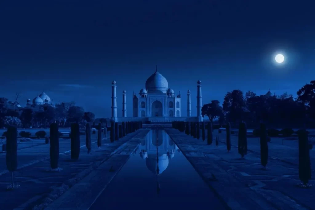 Taj Mahal in Agra, India in the light of the full moon