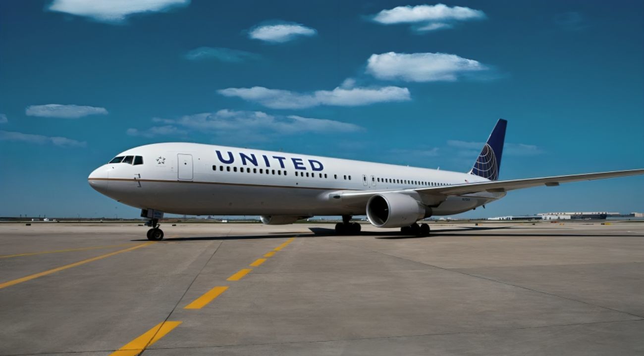 United Airlines airplane taxiing on a runway under a clear blue sky, representing a flight route from the USA to India.