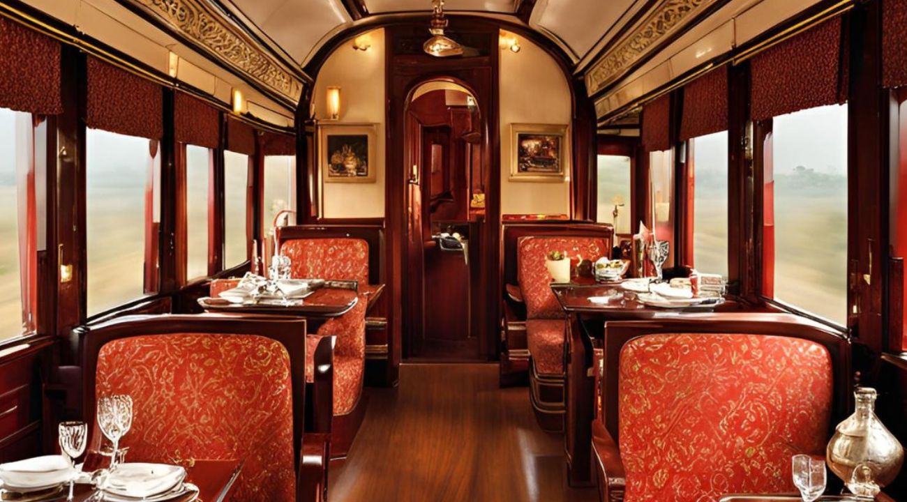 Interior of a luxurious Indian train dining car featuring ornate red upholstery, polished wood, and elegant decor reminiscent of India's royal past.