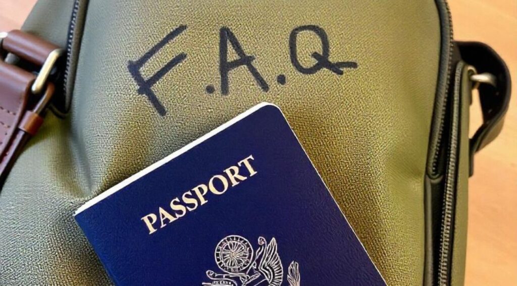 A blue passport resting on a green travel bag marked with "F.A.Q.," symbolizing travel readiness and frequently asked questions for international trips.