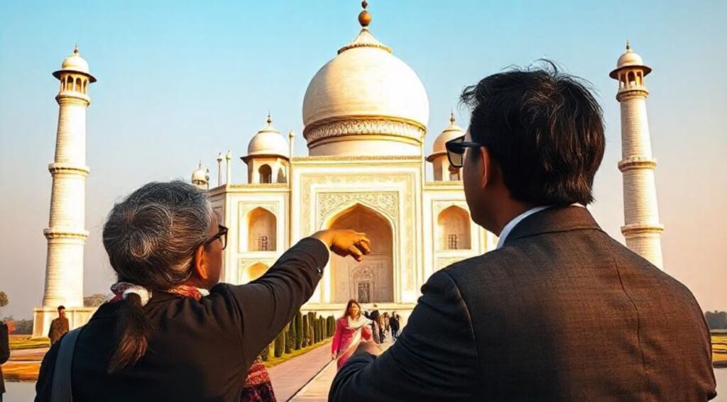  A guide explaining the Taj Mahal to a visitor during a private tour.