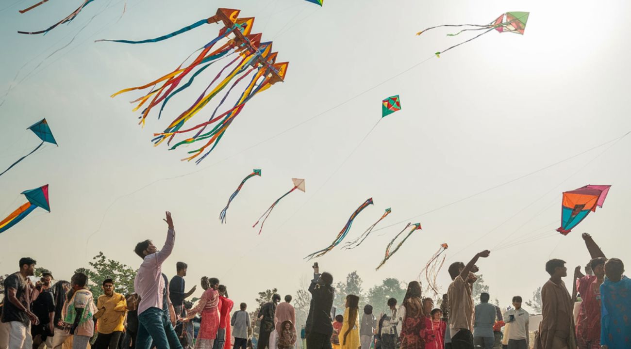 A colorful scene of a kite festival with people joyfully flying kites of various shapes, sizes, and colors in the sky under bright daylight.