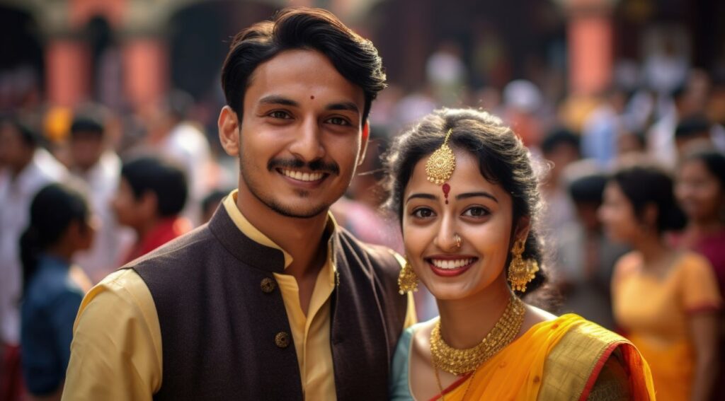 A young Indian couple dressed in traditional attire, smiling warmly at the camera in a festive setting with a blurred crowd in the background.