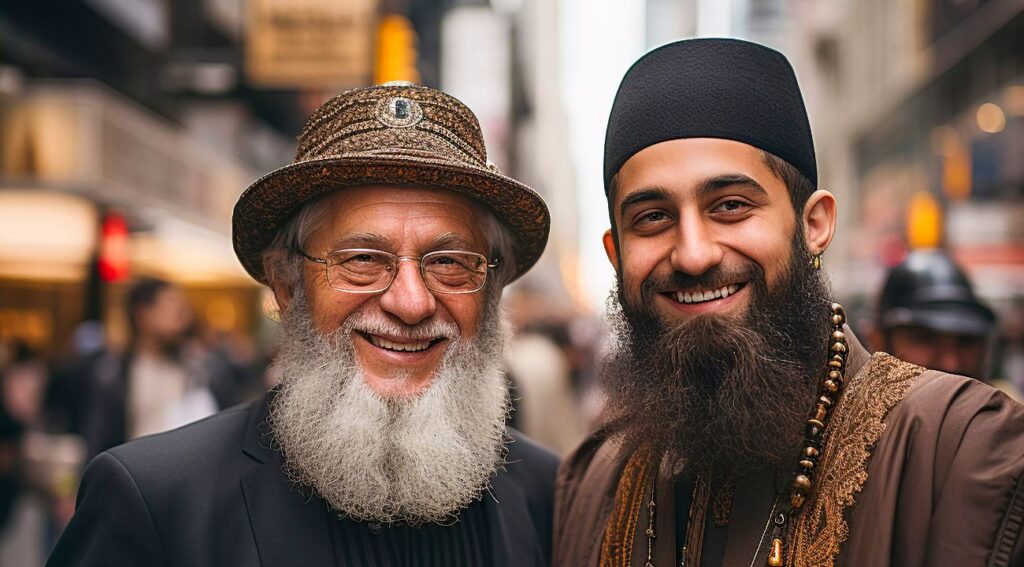 Two men, one elderly with a white beard and a patterned hat, and the other younger with a dark beard and a kufi, smiling in an outdoor setting.