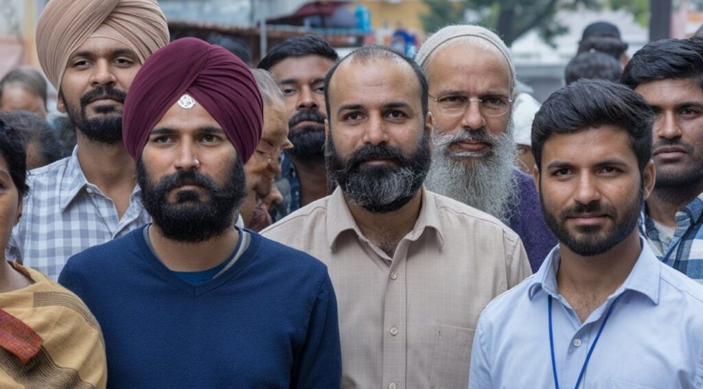 A diverse group of men in India, showcasing various cultural and religious identities. The image includes individuals wearing turbans, beards, and traditional attire, reflecting India's rich diversity.